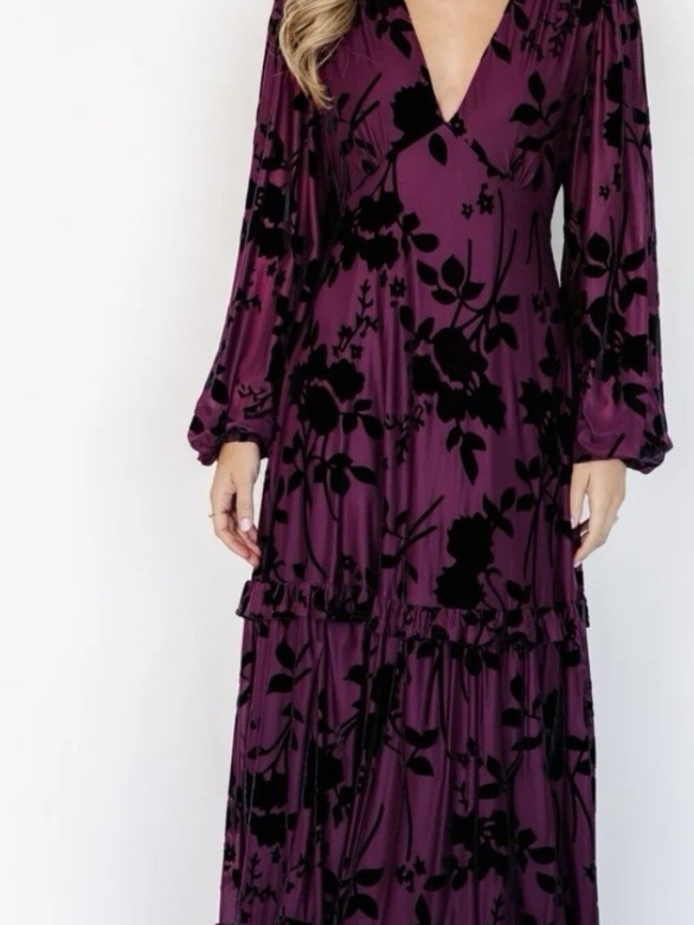 Baltic Born Liana Velvet Burnout Embossed Goth Maxi Dress Plum Black Ruffle Tier - Picture 5 of 7